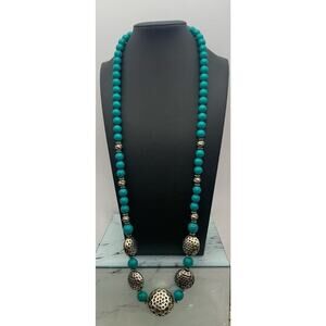 Turquoise Teal Blue And Silver Tone Beaded Statement Necklace